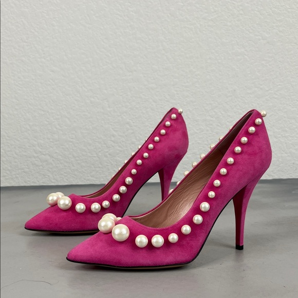 Moschino Boutique Pink Suede Pearl Pointed Toe 100 mm Heels RTW 2015 Barbie - Picture 1 of 9